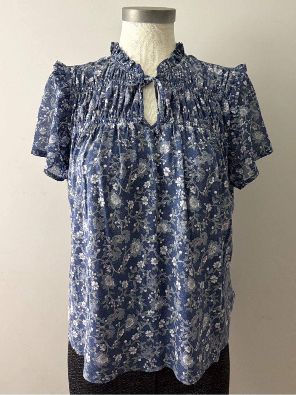 Lucky Brand Blue Floral Smocked Keyhole Blouse